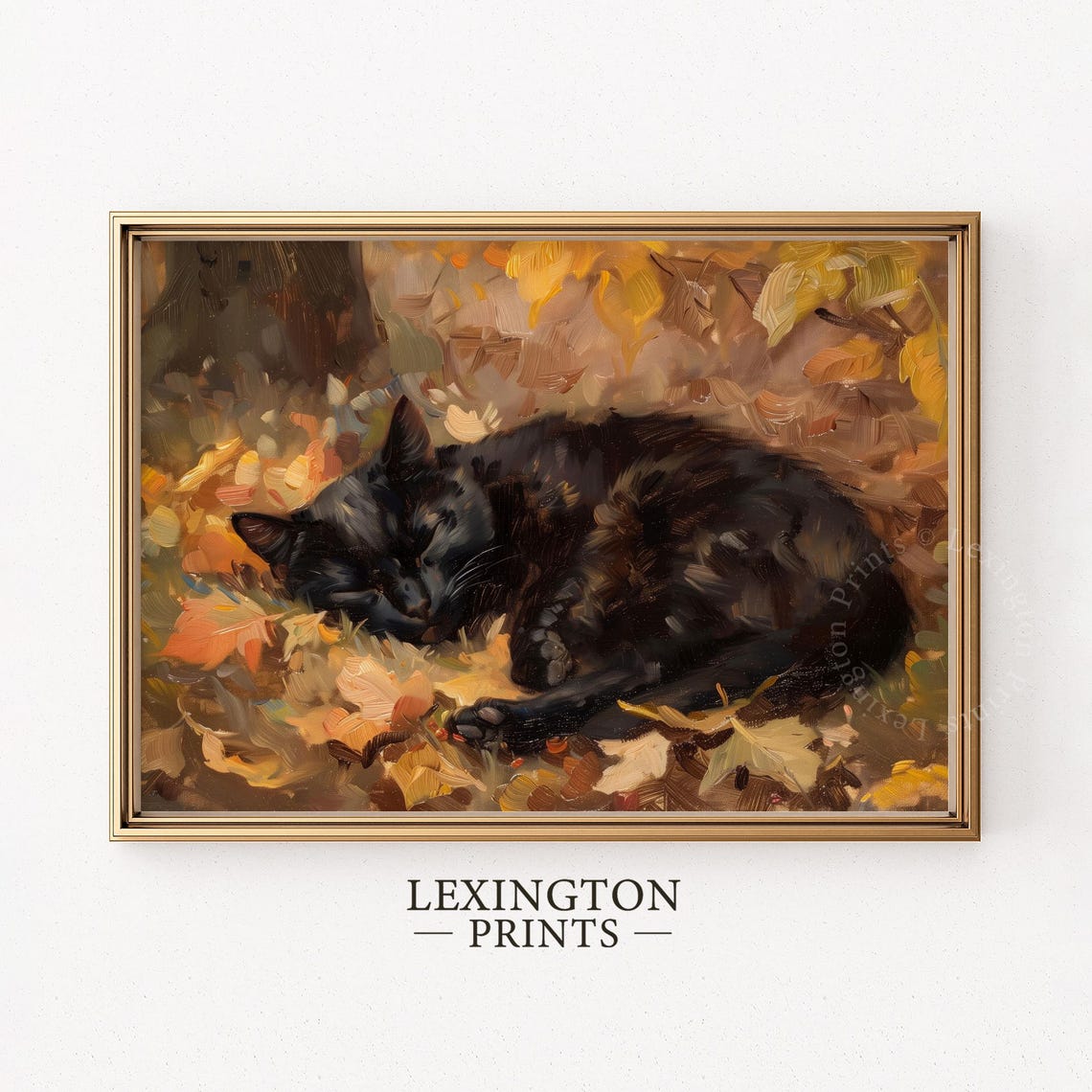Sleeping Black Cat in Autumn Leaves Cozy Fall Oil Painting Wall Art