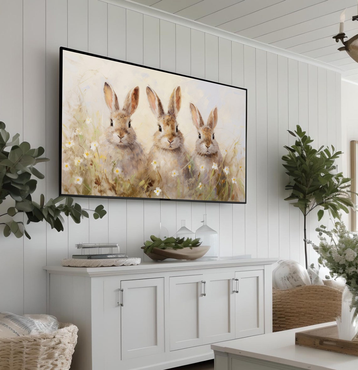 Three Cute Bunnies Among White Spring Daisies Watercolor Meadow Poster - Image 3