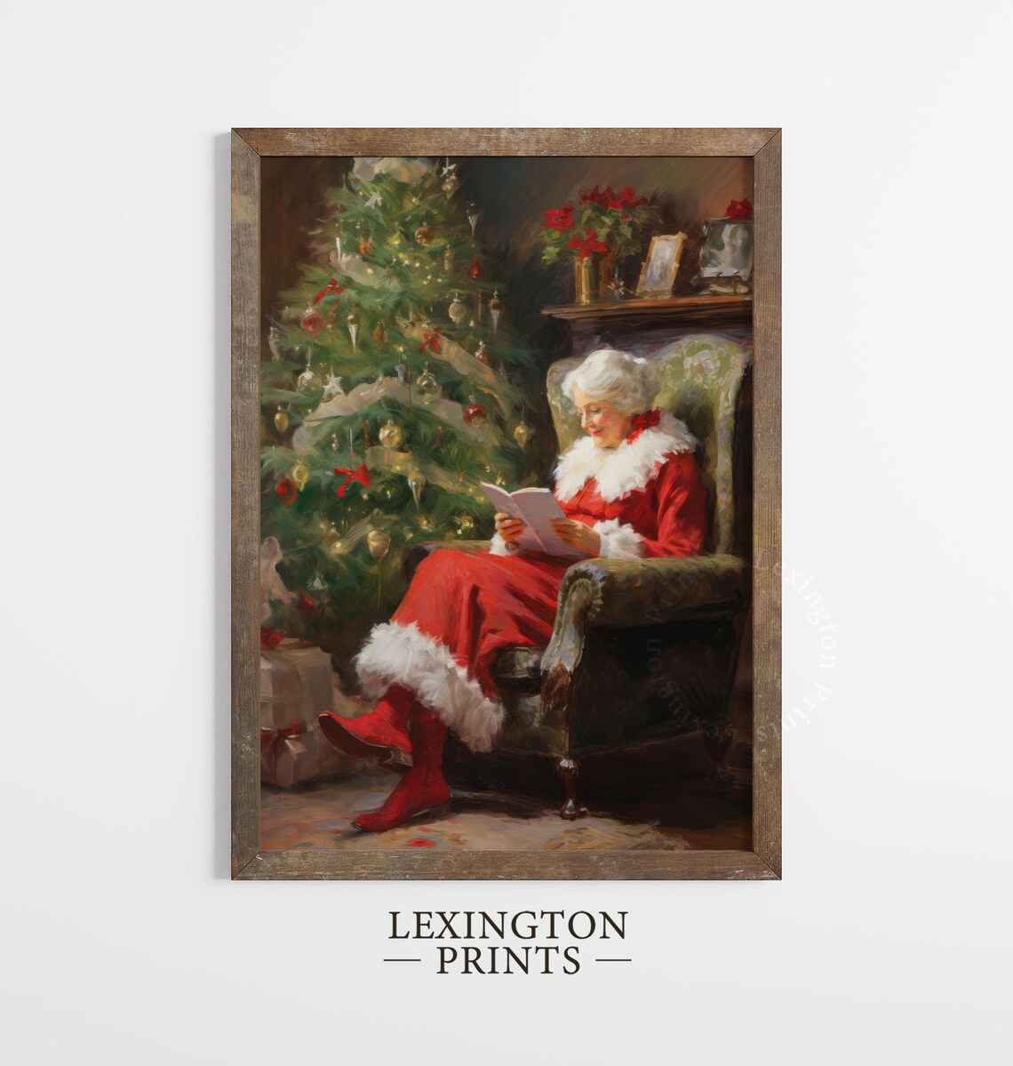 Vintage Christmas Wall Art Mrs Claus Reading Book Christmas Print Living Room Academia Santa Christmas Painting Winter Print 404 - Image 2