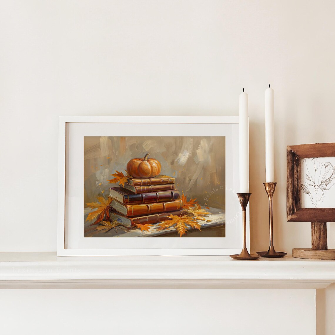 Stack of Vintage Books with Pumpkin Maple Leaves Oil Painting Fall Poster - Image 3