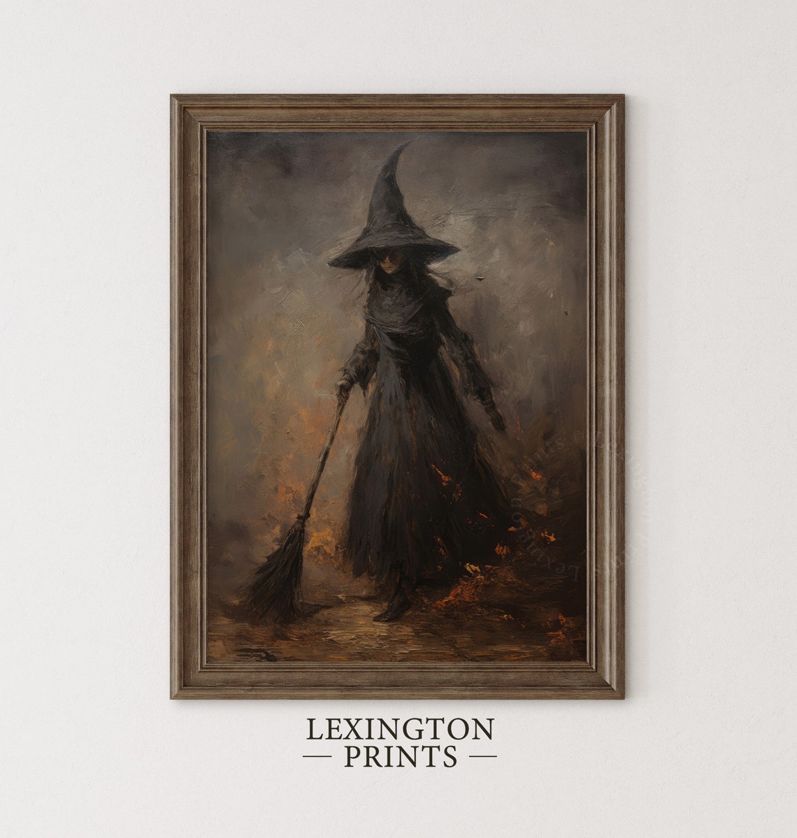 Dark Witch In Cloak Holding Broomstick Moody Halloween Oil Poster - Image 3