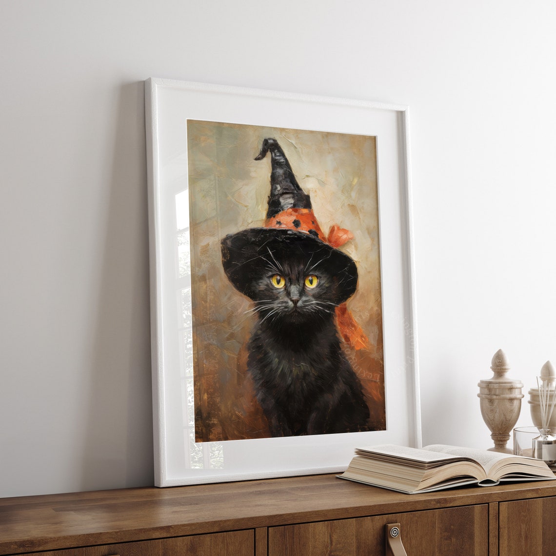 Black Cat With Yellow Eyes Wearing Witch Hat With Orange Bow Poster - Image 6