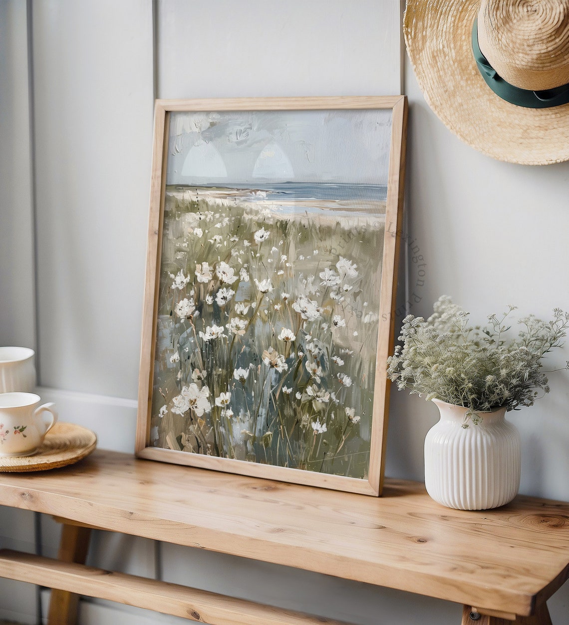 Coastal Wildflower Field with Ocean View Summer Vintage Wall Art - Image 8