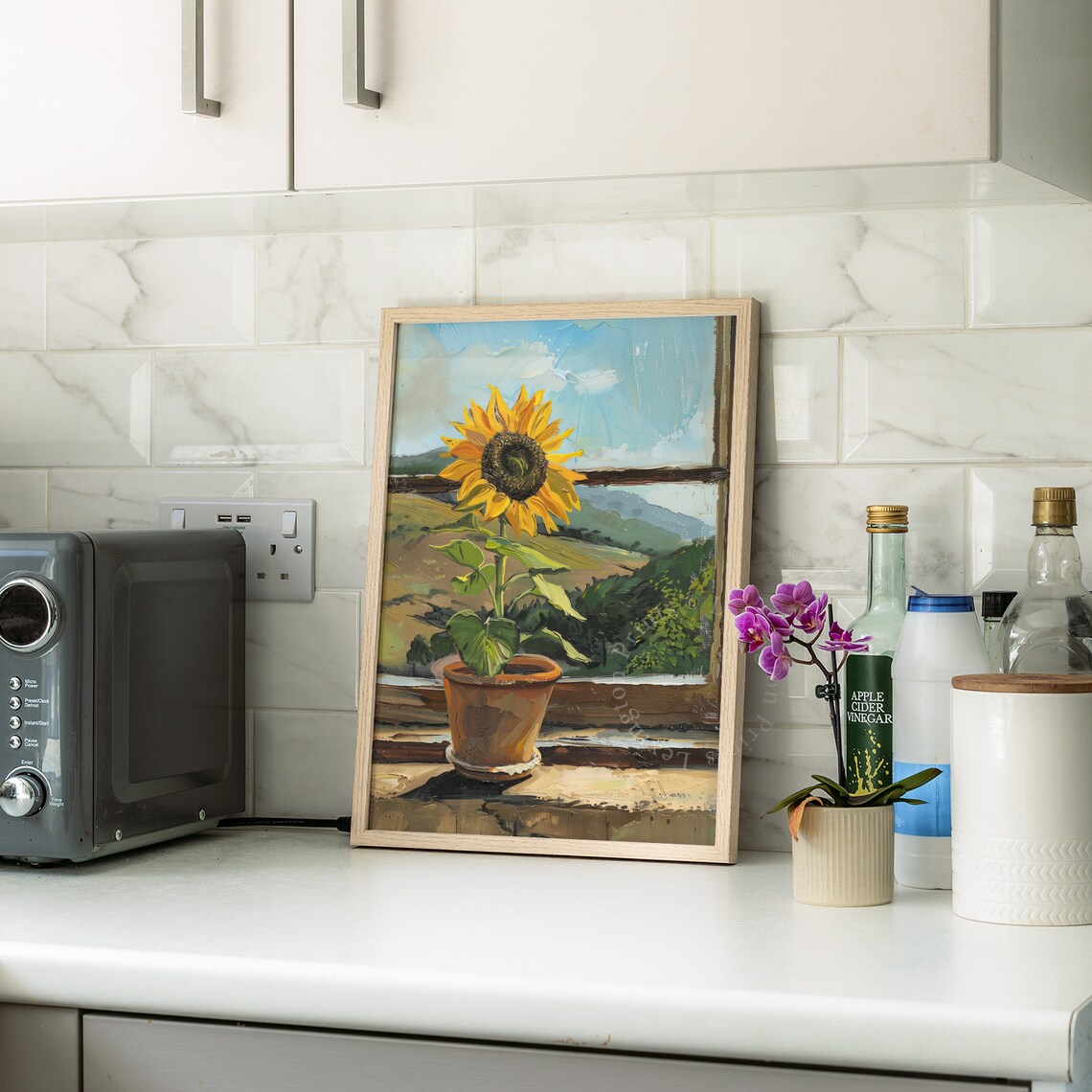 Potted Sunflower Painting Sunny Windowsill Rolling Hills Farmhouse Poster - Image 7