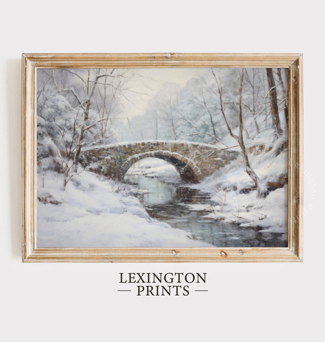 Snowy Stone Bridge Winter Landscape Painting Vintage Wall Art - Image 6