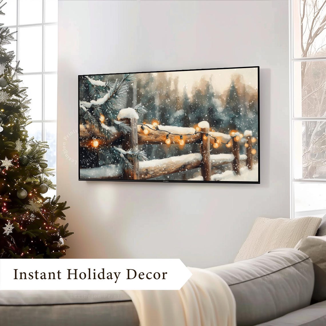 Snowy Wooden Fence with Warm String Lights Winter Frame TV Art Poster - Image 3