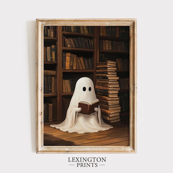 Cute Ghost Reading Book in Cozy Library Vintage Halloween Wall Art