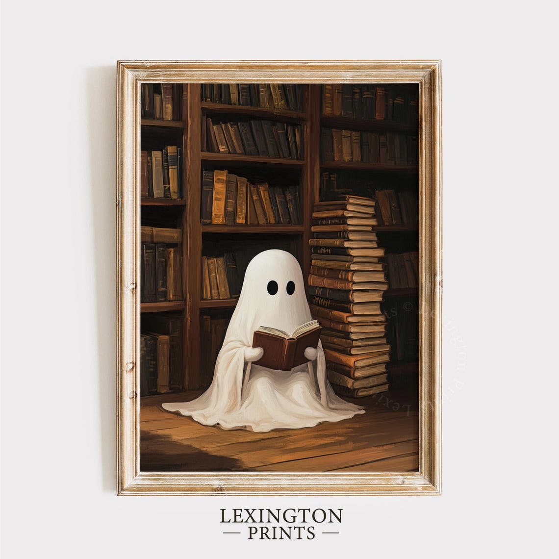 Cute Ghost Reading Book in Cozy Library Vintage Halloween Wall Art