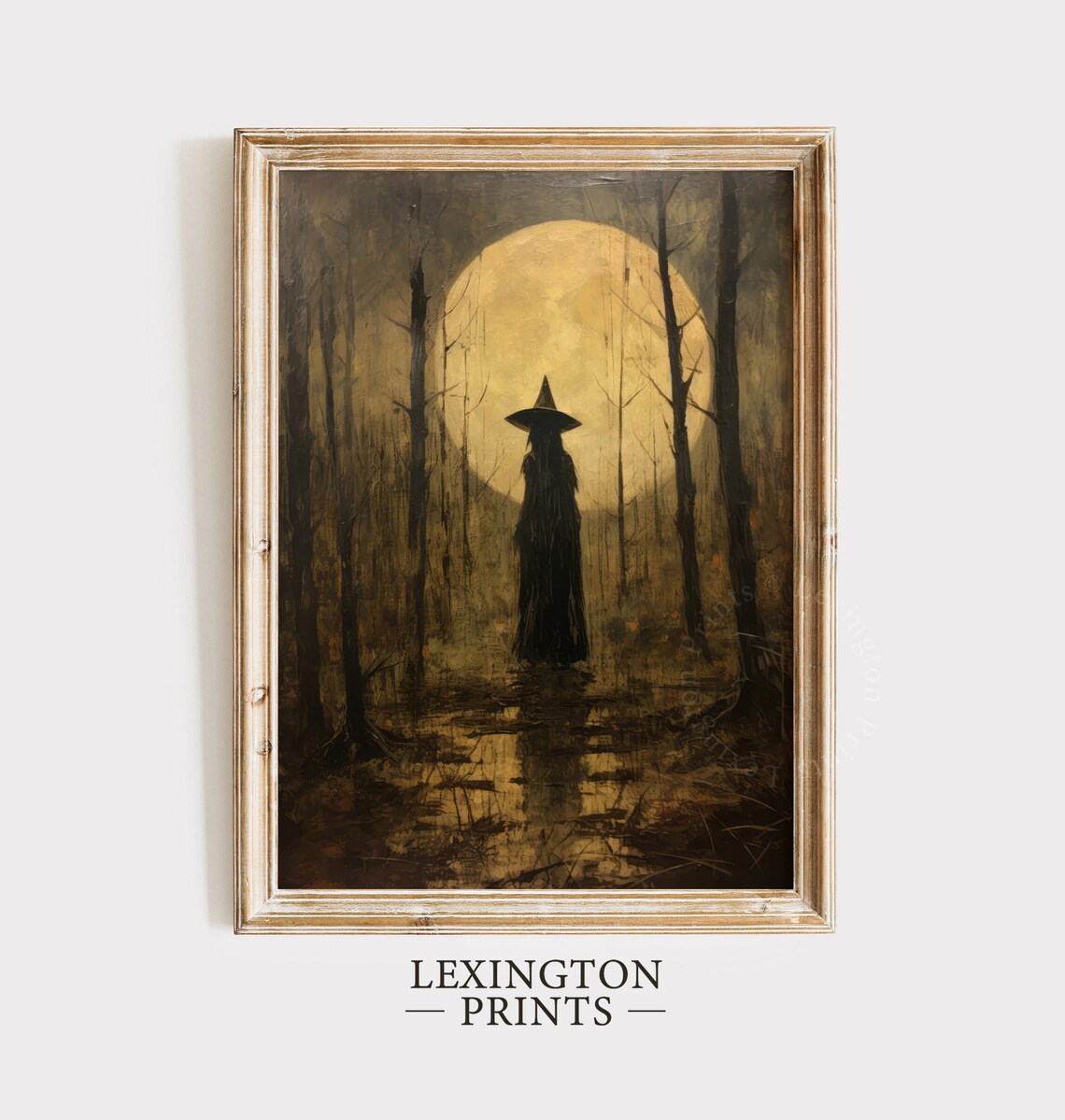 Witch Silhouette Before Giant Golden Full Moon Dark Forest Halloween Poster - Image 2