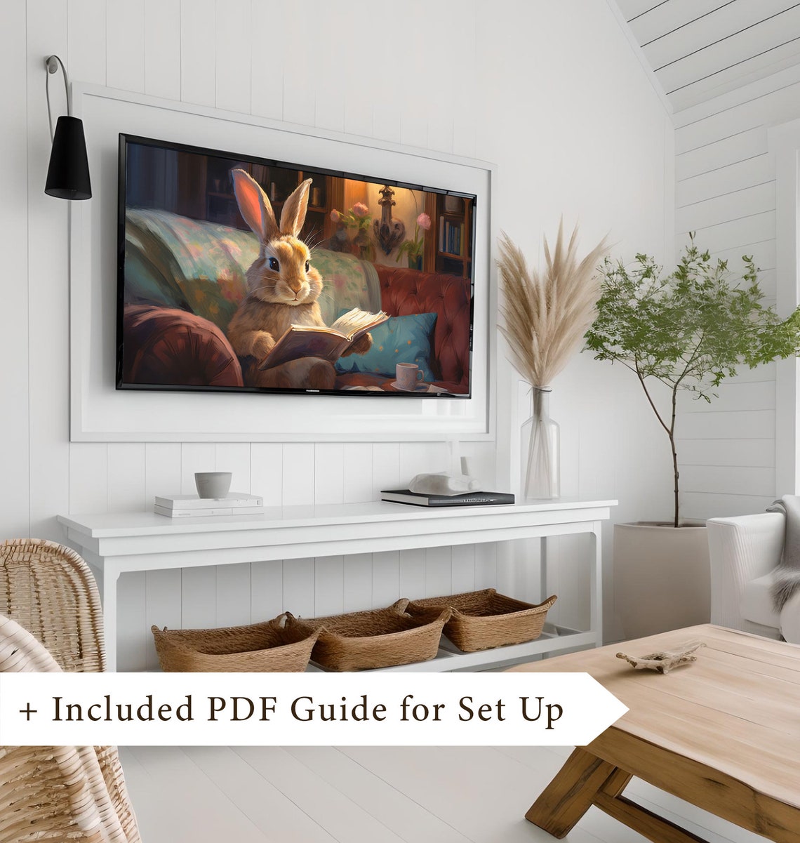 Cute Bunny Reading Book On Cozy Couch In Warm Library Scene Poster - Image 8