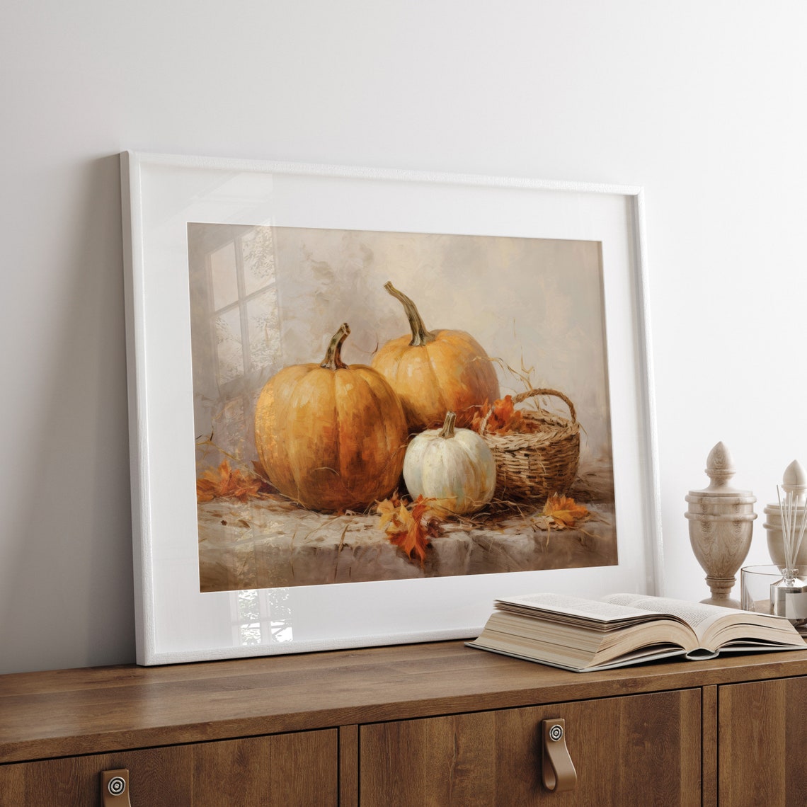 Pumpkin Harvest Still Life Wicker Basket Fall Oil Painting Poster - Image 4