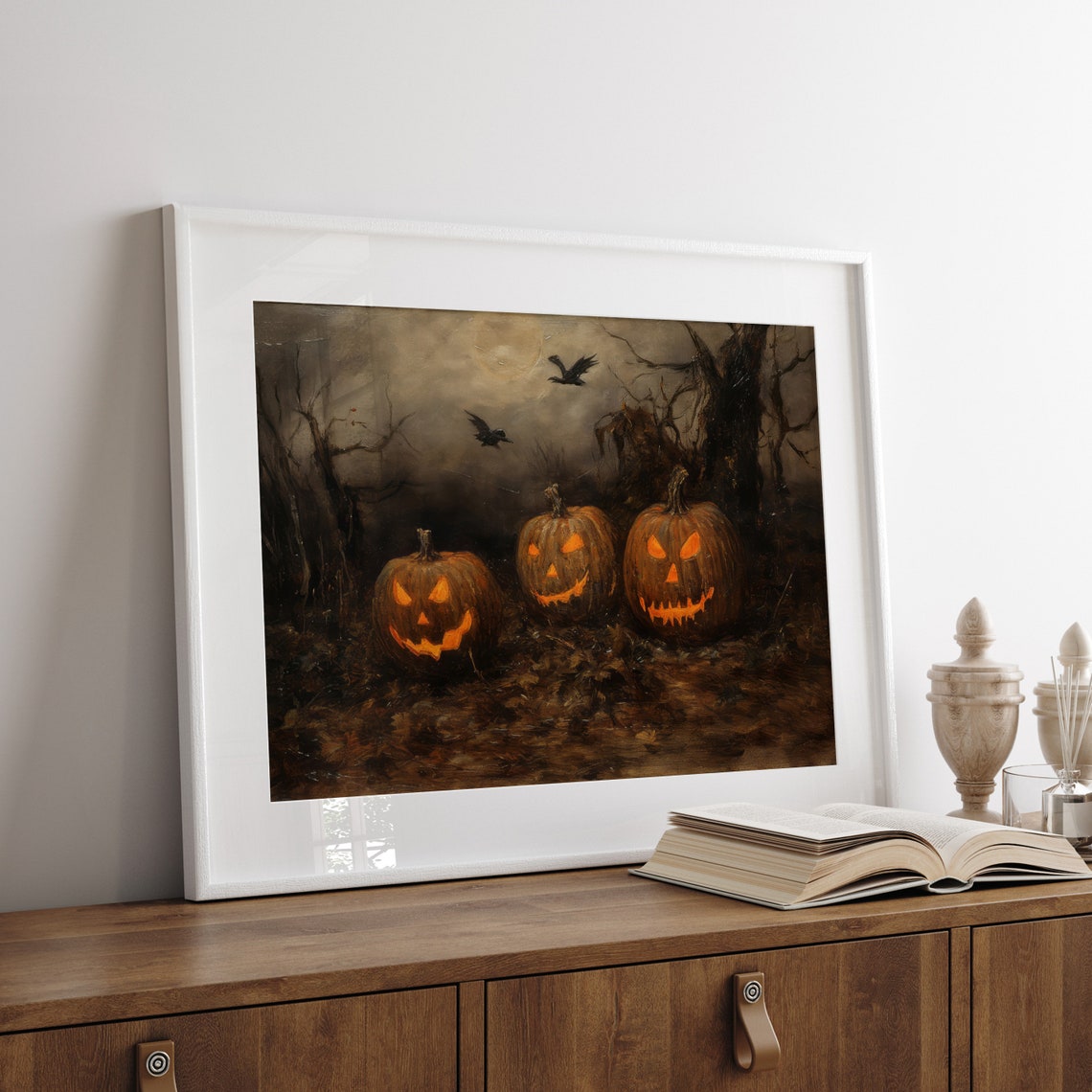 Three Glowing Jack O Lanterns in Dark Haunted Woods Halloween Poster - Image 5