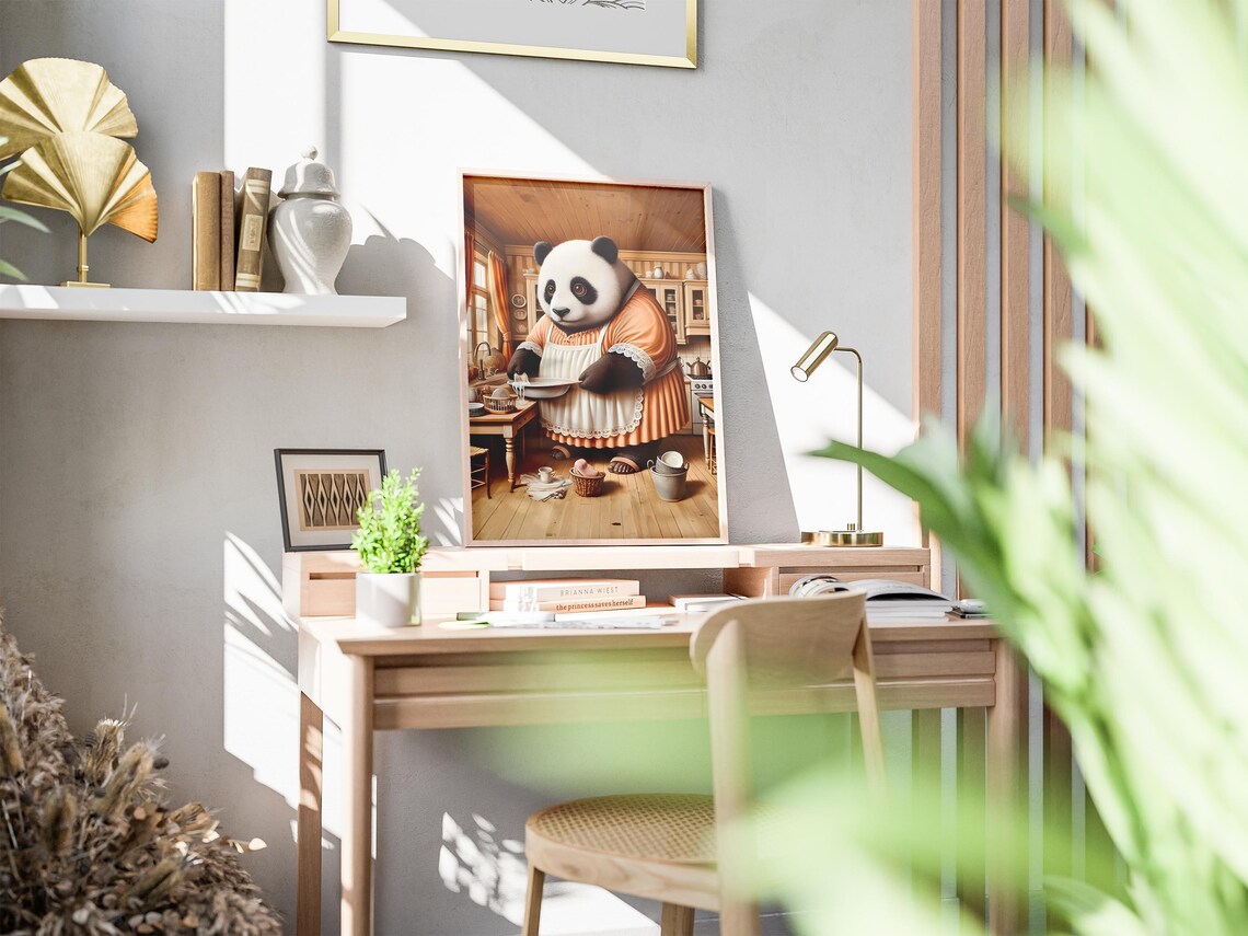 Panda Washing Dishes in Cozy Kitchen Apron Funny Animal Poster - Image 2