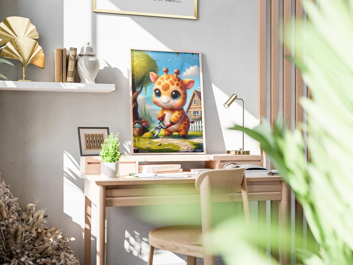 Baby Giraffe Trimming Hedge With Garden Shears Cute Art Poster - Image 2