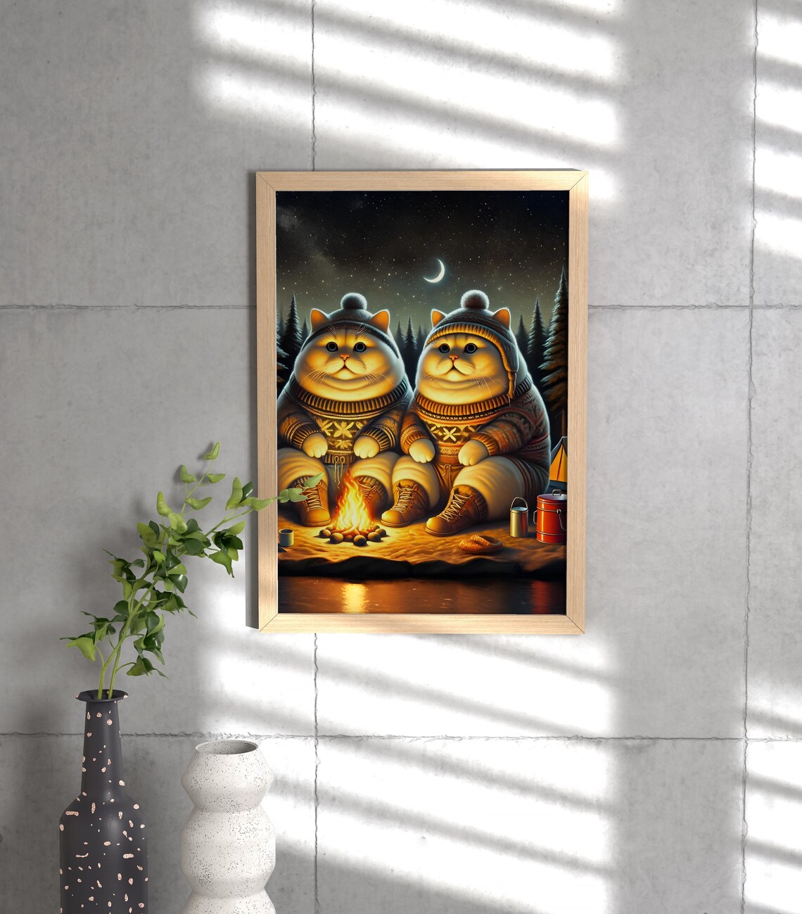 Two Chubby Cats Camping by a Campfire Under the Moon Humor Poster - Image 3