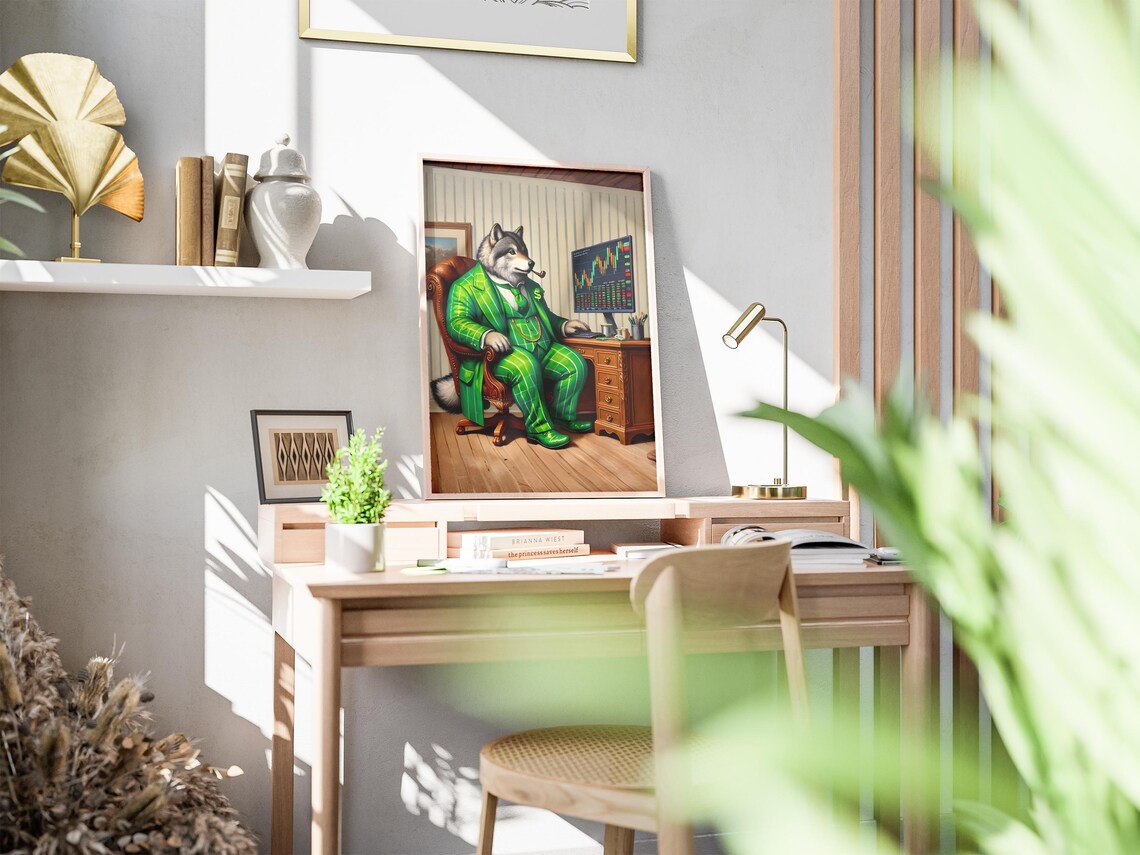 Wolf in Green Suit Trader Four Piece Poster Set for Office Decor - Image 2