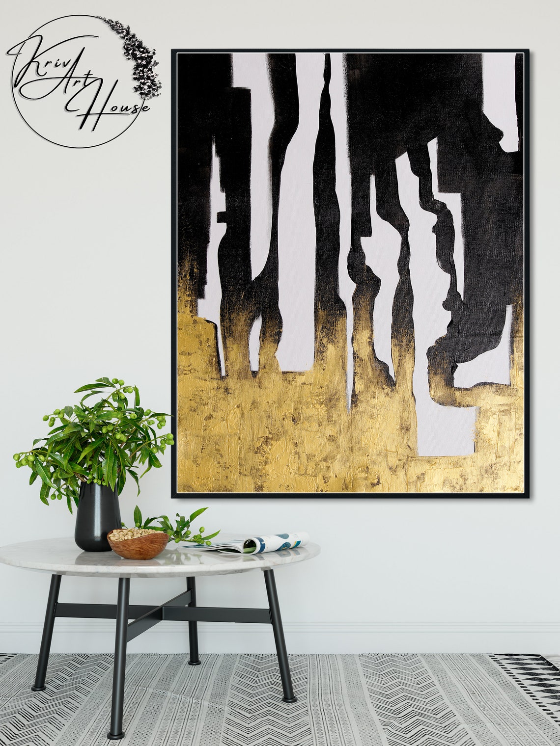 Black White Gold Bold Graphic Abstract Horizontal Art Poster - Image 3