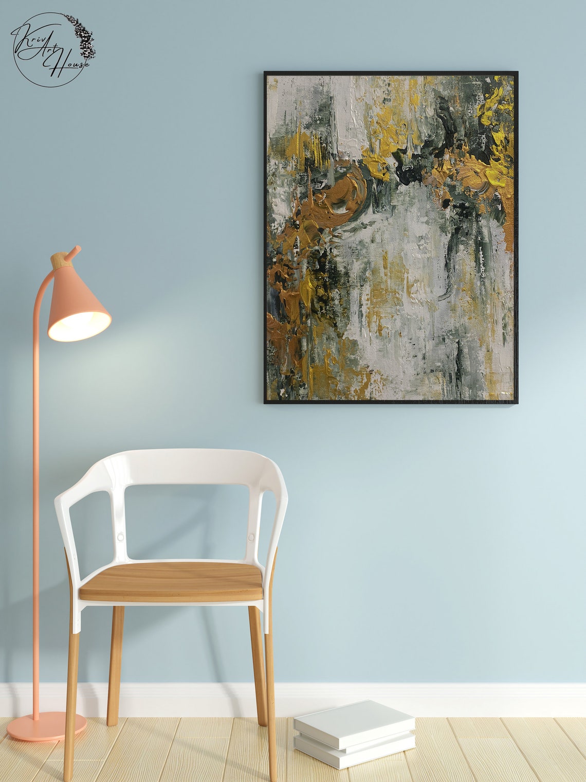 Gold Green White Earthy Textured Abstract Vertical Art Poster - Image 2