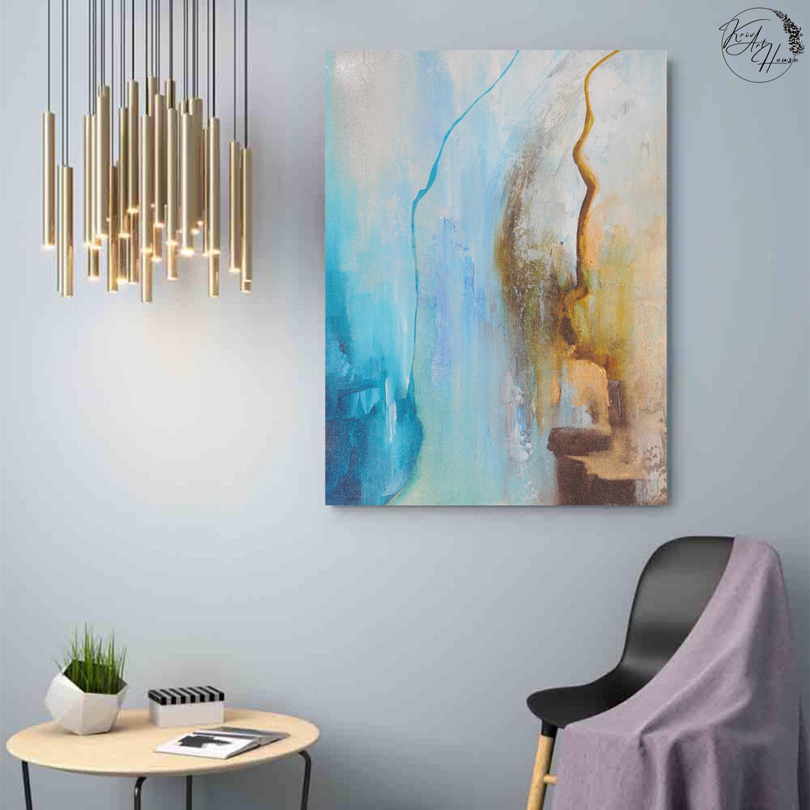 Teal Blue Gold Warm Abstract Flowing Wave Lines Art Wall Print - Image 4