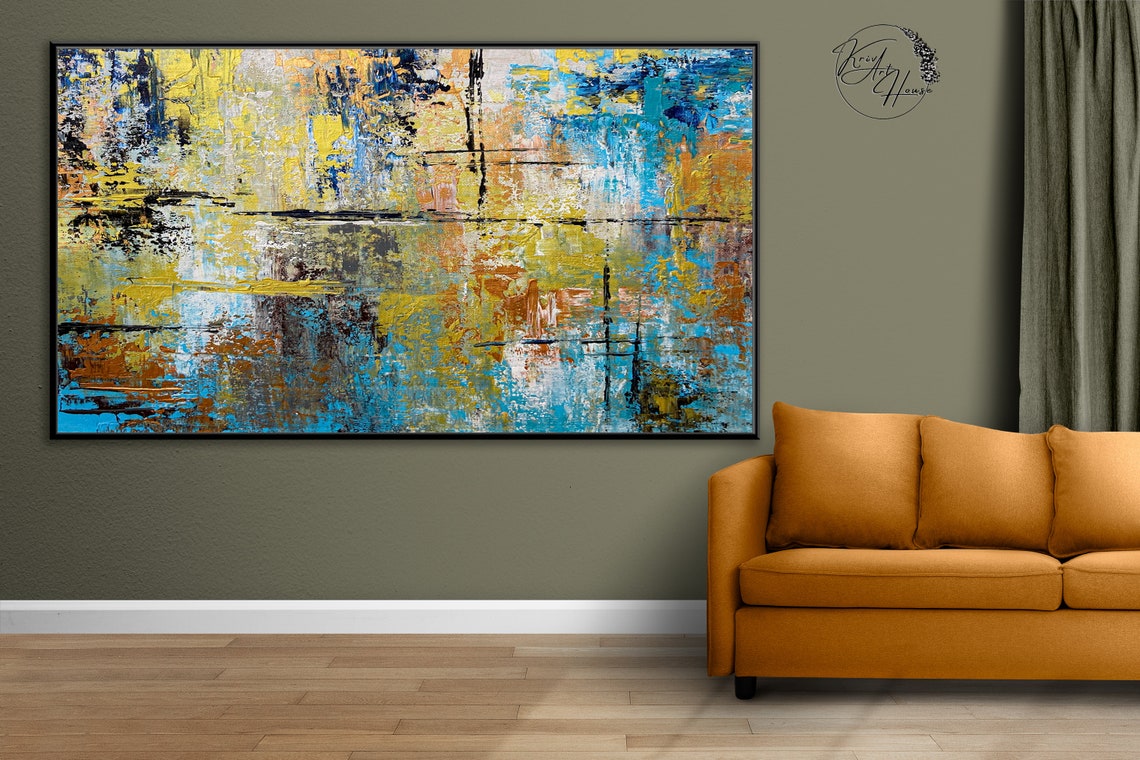 Yellow Blue Grid Urban Textured Abstract Painting Modern Wall Poster - Image 2