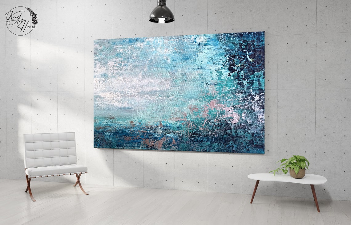 Teal Turquoise Blue Waterfall Cascade Abstract Textured Wall Art - Image 3