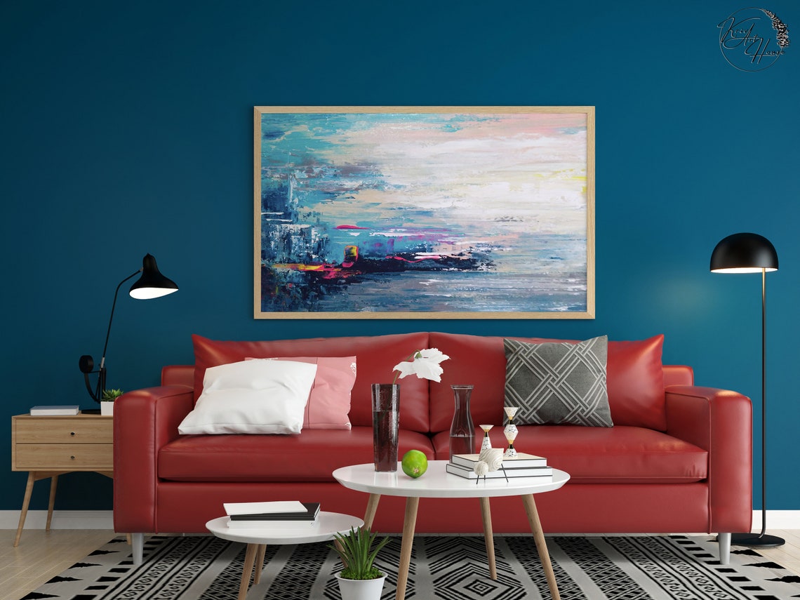 Teal Blue Blush Pink Abstract Seascape Horizon Modern Poster - Image 2