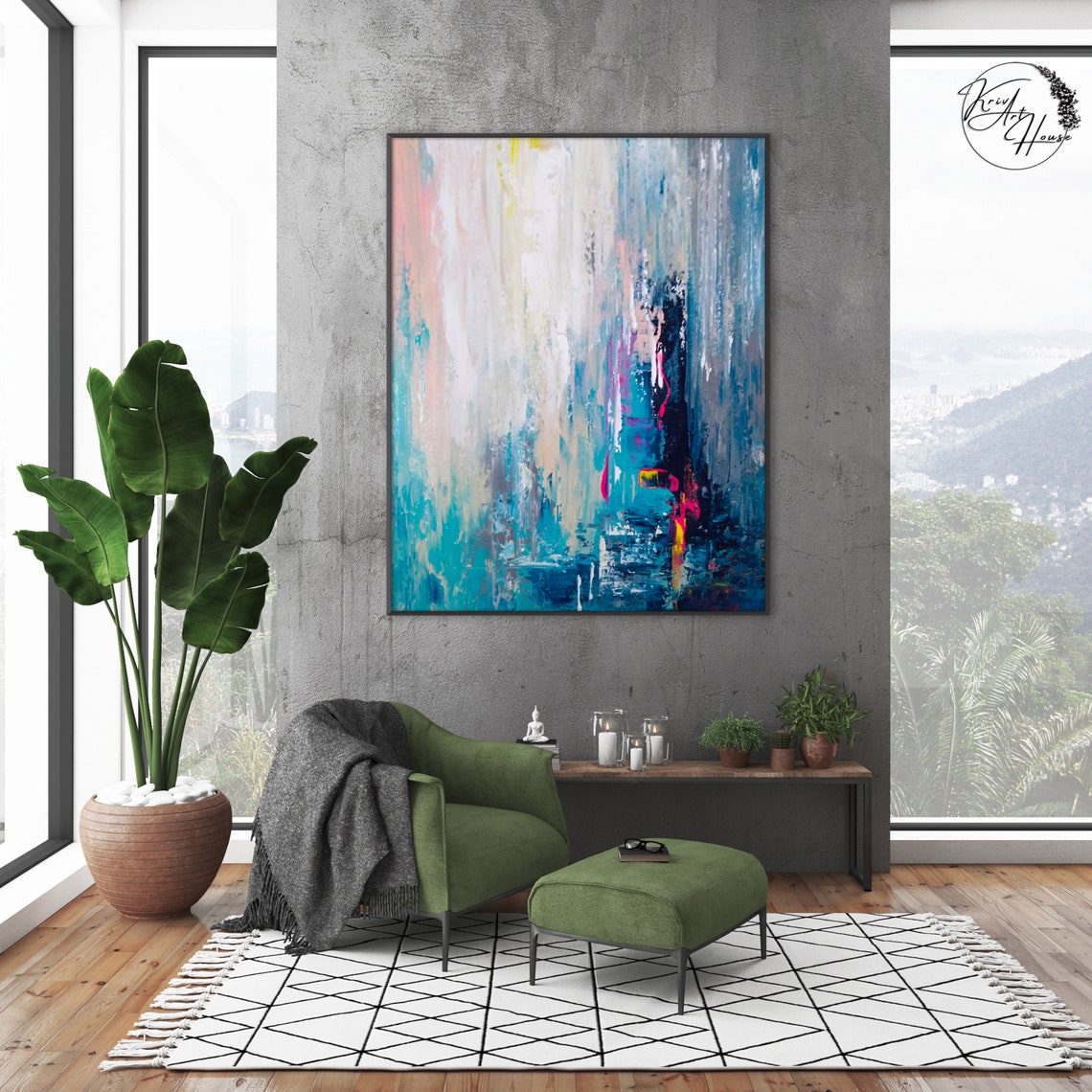 Teal Blue Blush Pink Abstract Seascape Horizon Modern Poster - Image 4