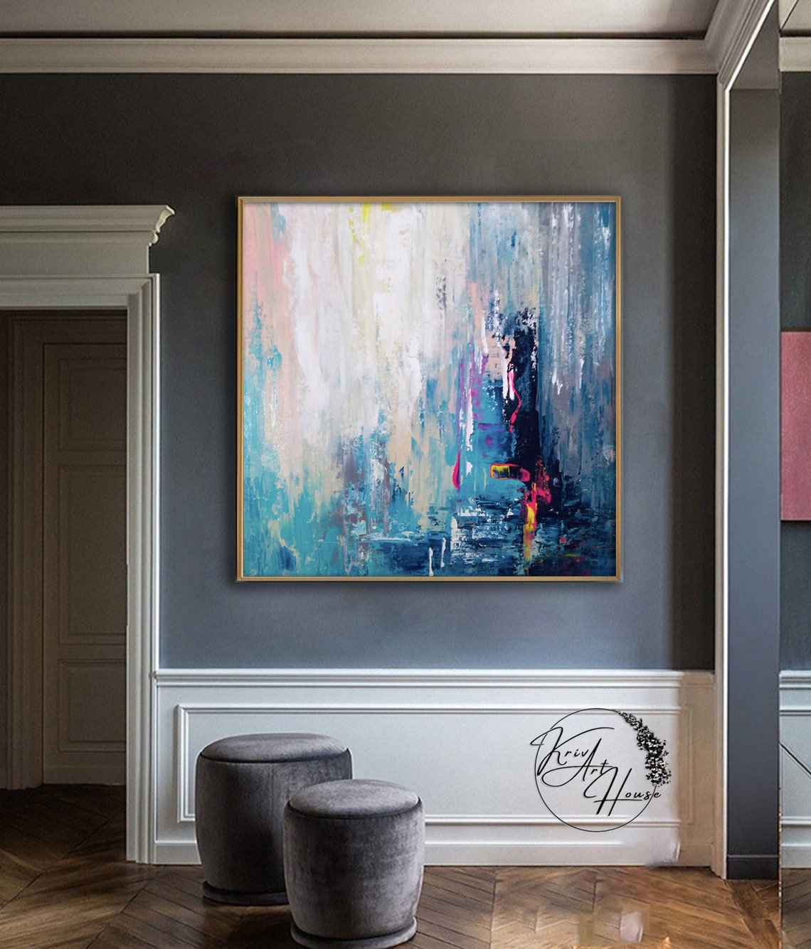 Teal Blue Blush Pink Abstract Seascape Horizon Modern Poster - Image 3