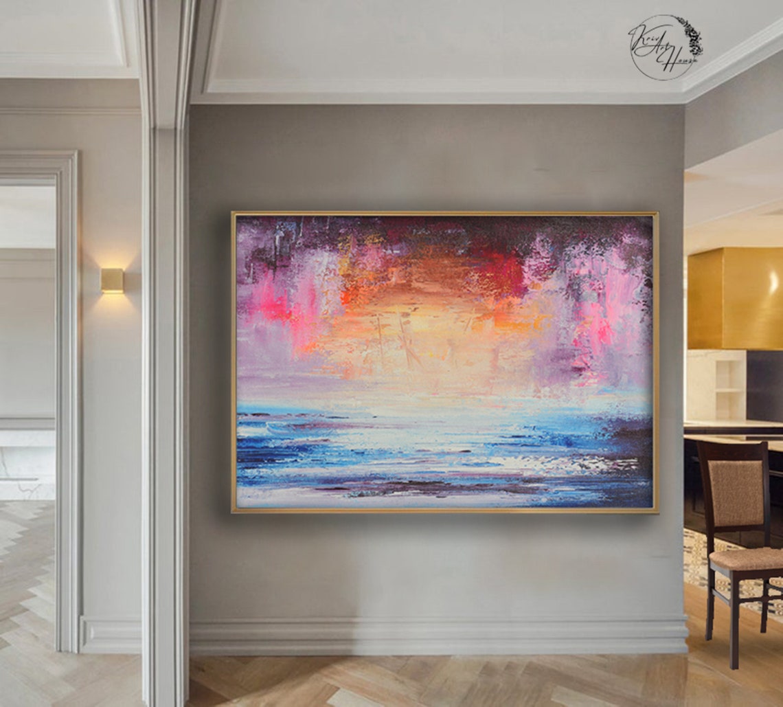 Fiery Pink Sunset Over Blue Sea Abstract Seascape Modern Poster - Image 2