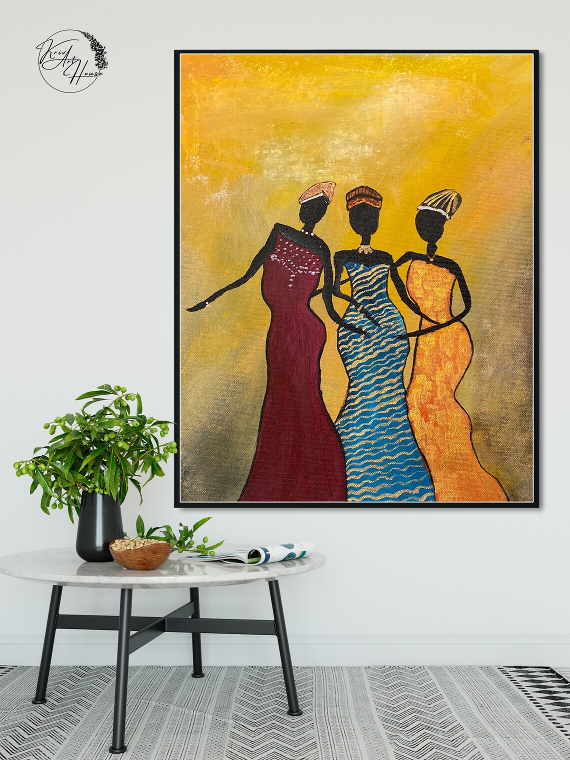 Three African Women Colorful Dresses Golden Cultural Art Wall Poster - Image 4