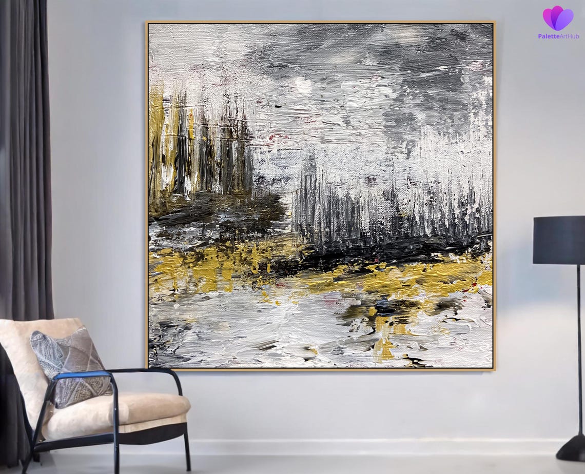 Black White Gold Abstract Winter Forest Mist Modern Wall Art - Image 4