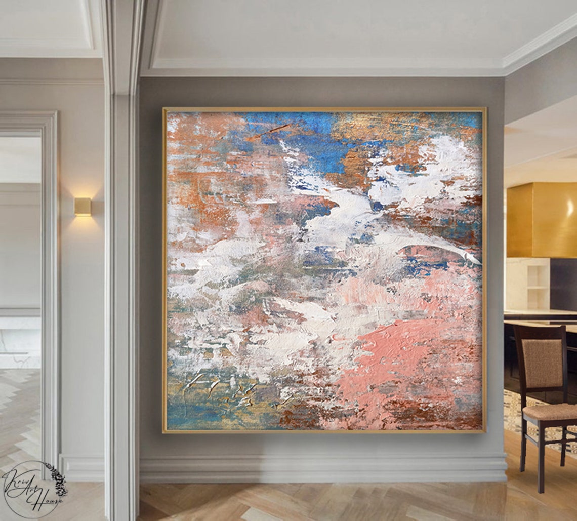 Blue Pink Copper Cloud Textured Abstract Painting Serene Wall Poster - Image 2