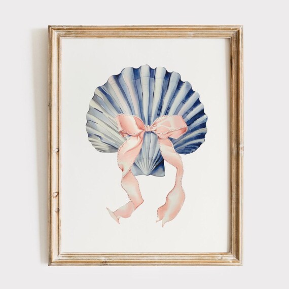 Blue Scallop Shell With Pink Bow Watercolor Coquette Wall Art