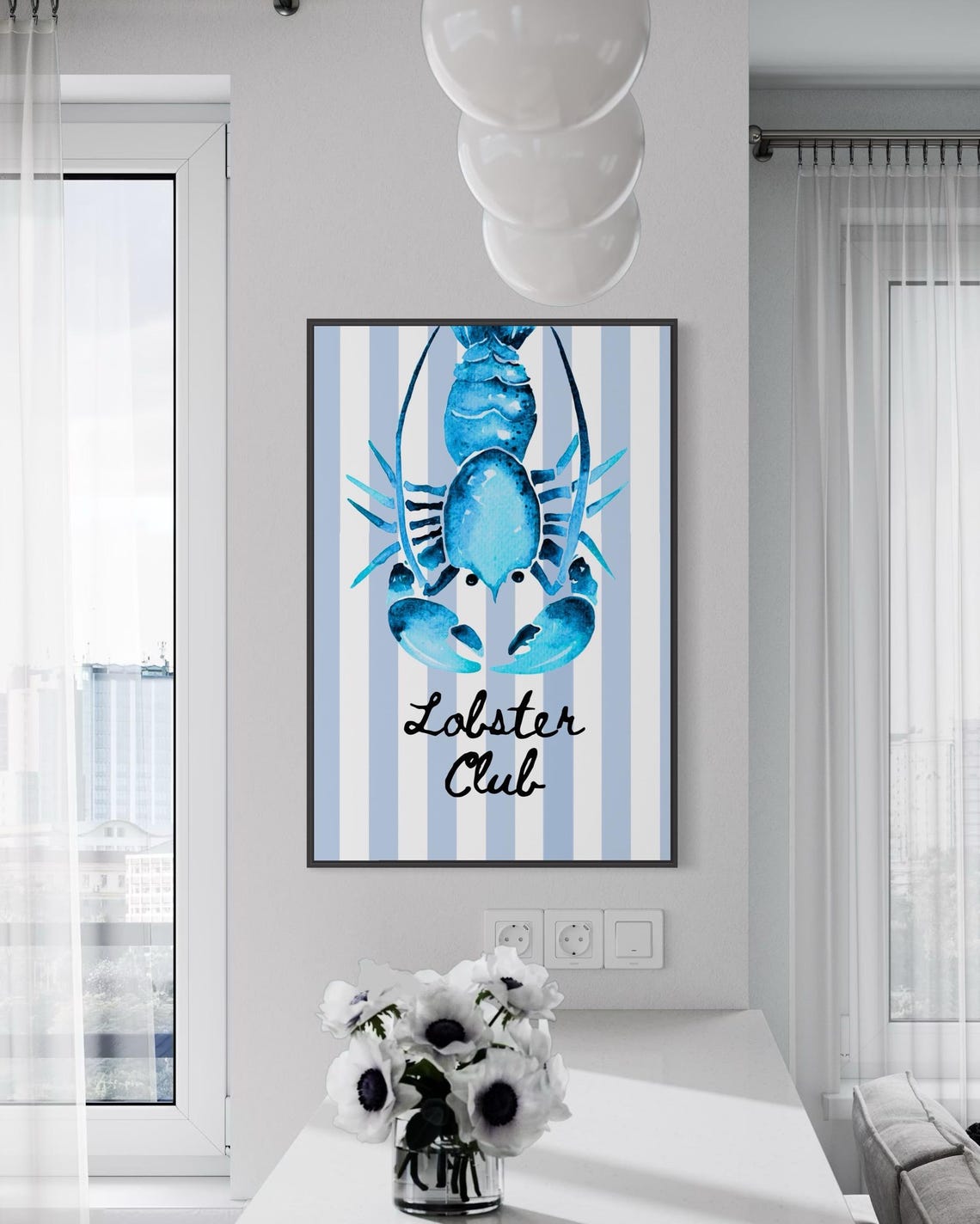 Blue Striped Lobster Club Wall Art Coastal Wall Art Sea Life Wall Art Ocean Kitchen Decor Dining Room Wall Art Retro Kitchen Wall Art