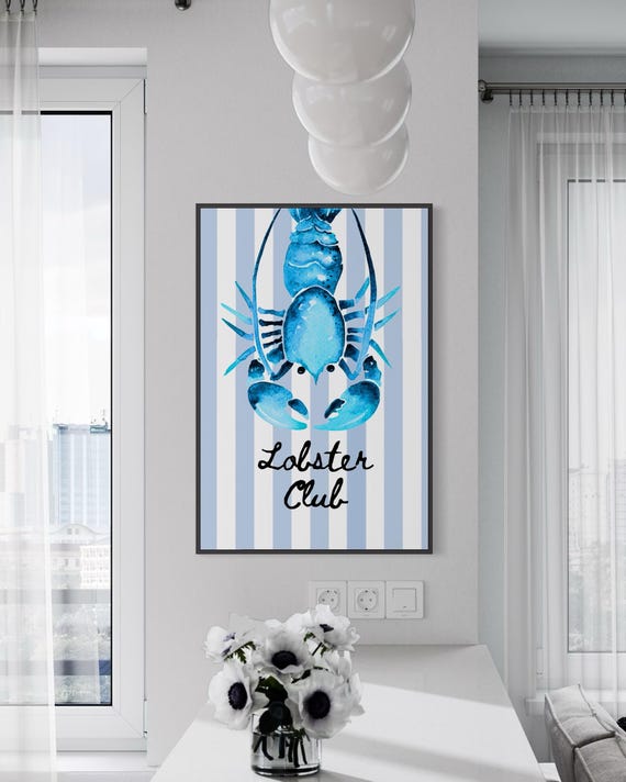 Blue Striped Lobster Club Wall Art Coastal Wall Art Sea Life Wall Art Ocean Kitchen Decor Dining Room Wall Art Retro Kitchen Wall Art