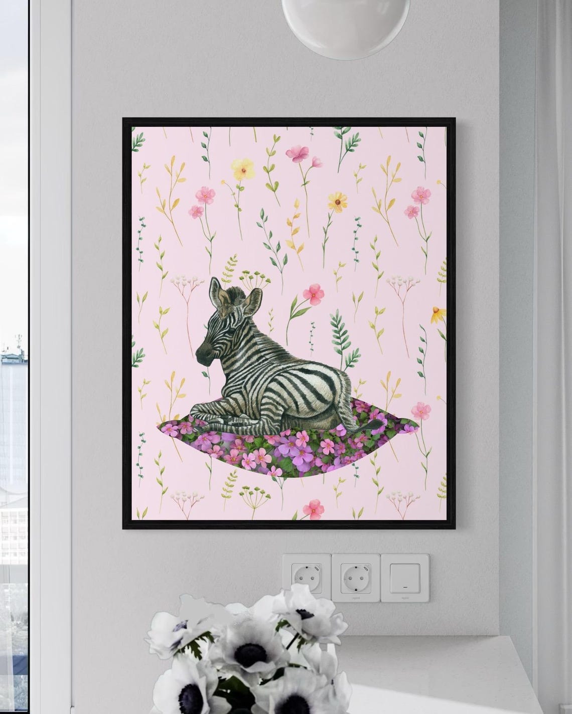 Baby Zebra Foal Resting on Pink Floral Bed Nursery Animal Poster