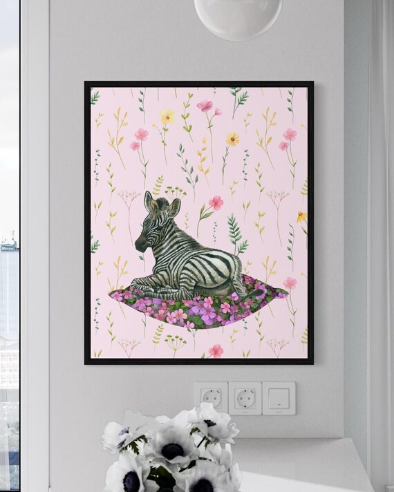 Baby Zebra Foal Resting on Pink Floral Bed Nursery Animal Poster