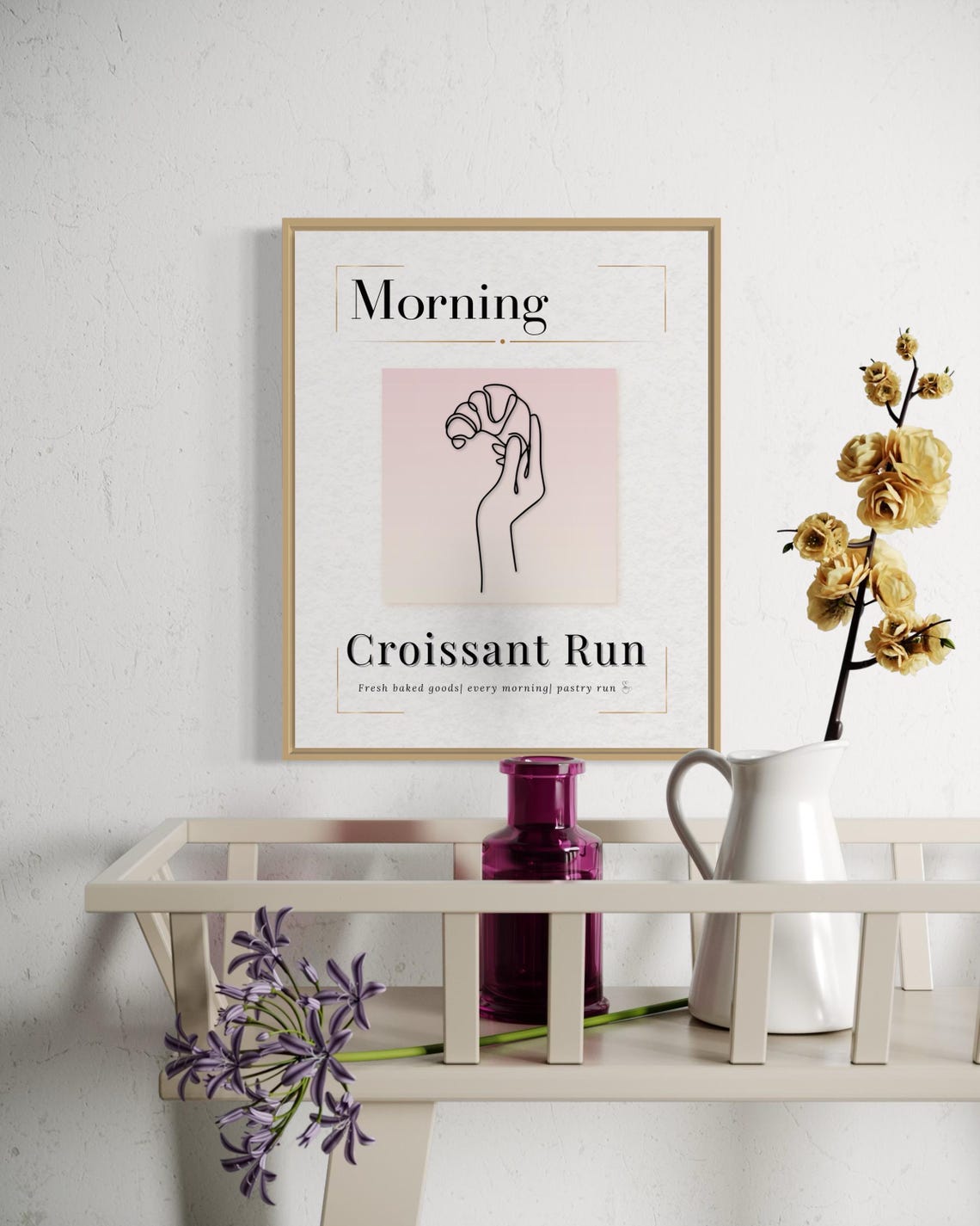 Morning Croissant Run Hand Holding Croissant Pink Line Art Poster - Image 2