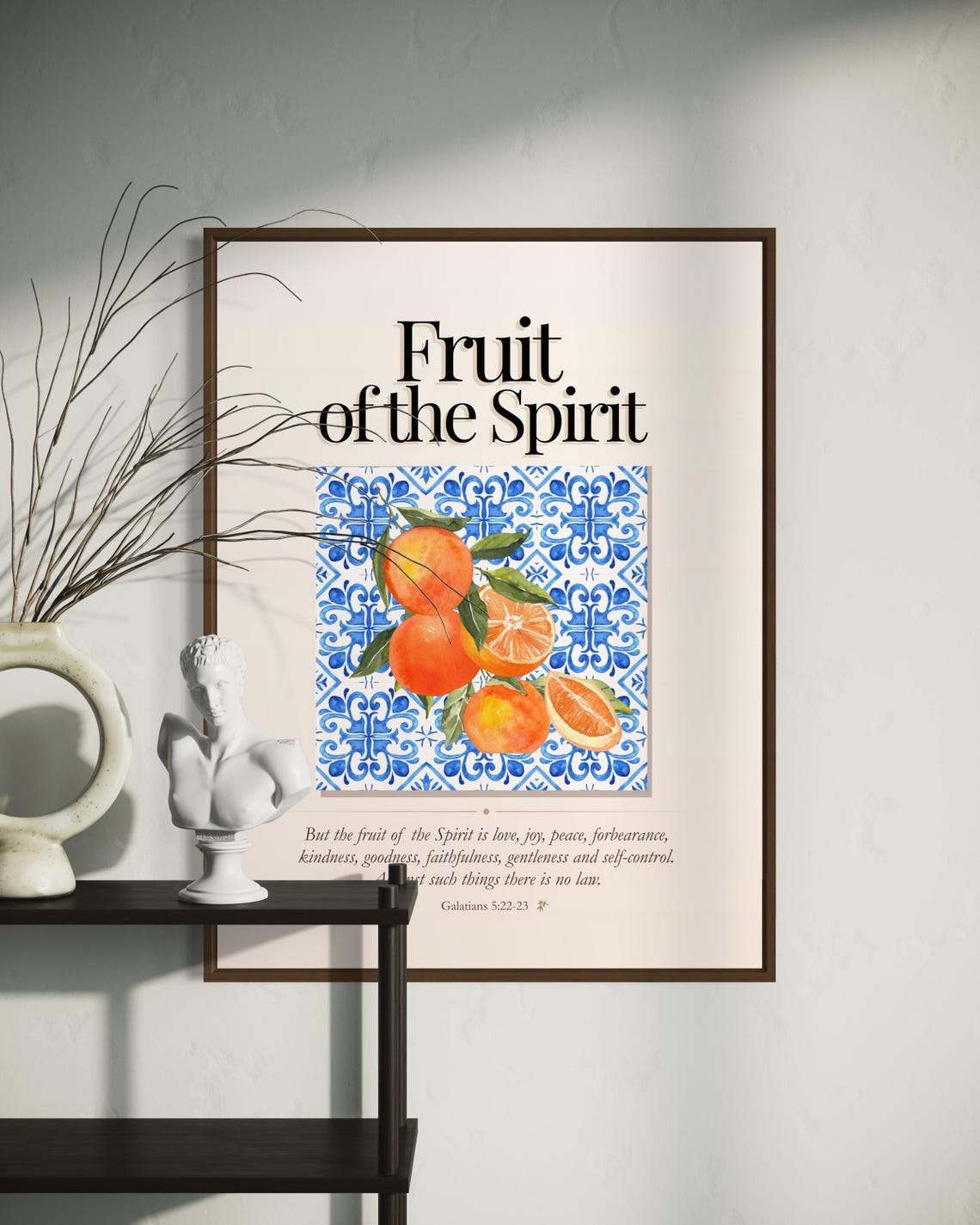 Fruit of the Spirit Citrus and Blue Tile Bible Verse Poster on Cream - Image 4