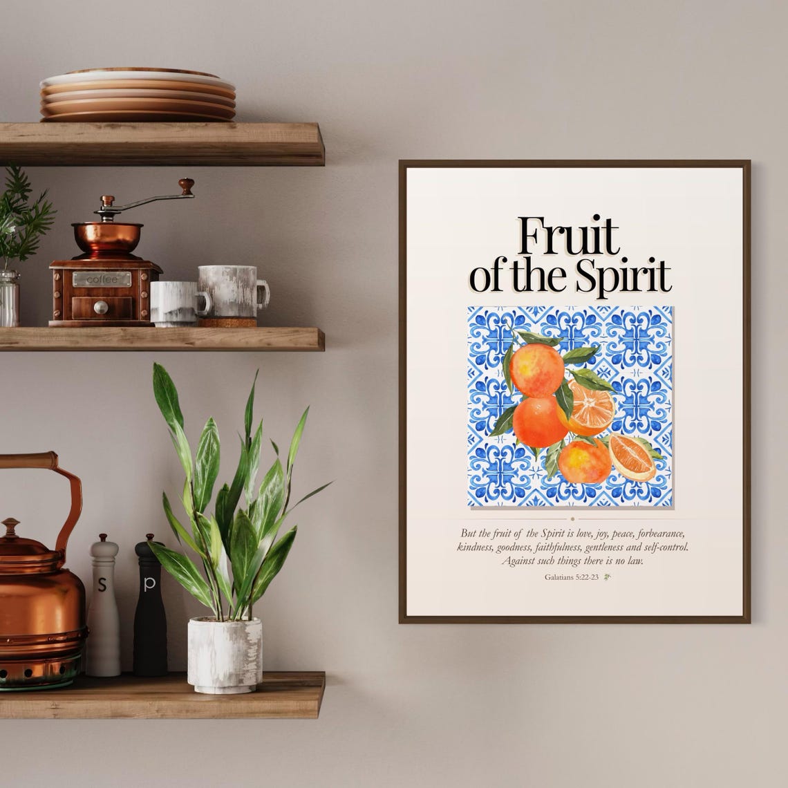Fruit of the Spirit Citrus and Blue Tile Bible Verse Poster on Cream - Image 3