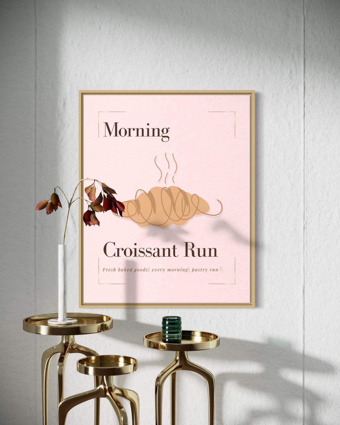 Morning Croissant Run Bakery Poster in Soft Pink Minimalist Style