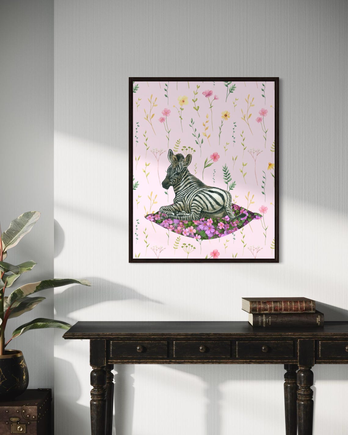 Baby Zebra Foal Resting on Pink Floral Bed Nursery Animal Poster - Image 5