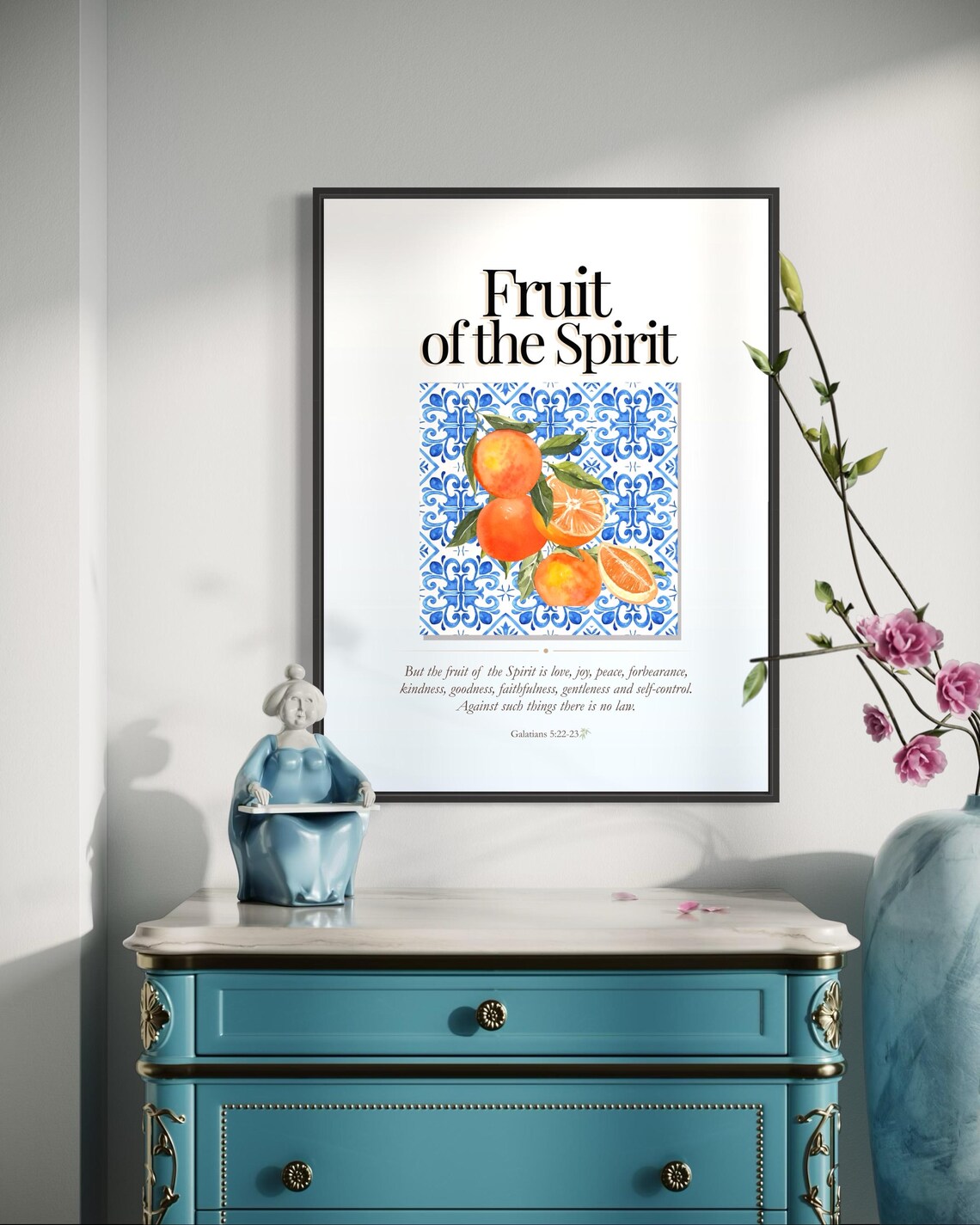 Fruit of the Spirit Citrus and Blue Tile Bible Verse Poster on White - Image 4