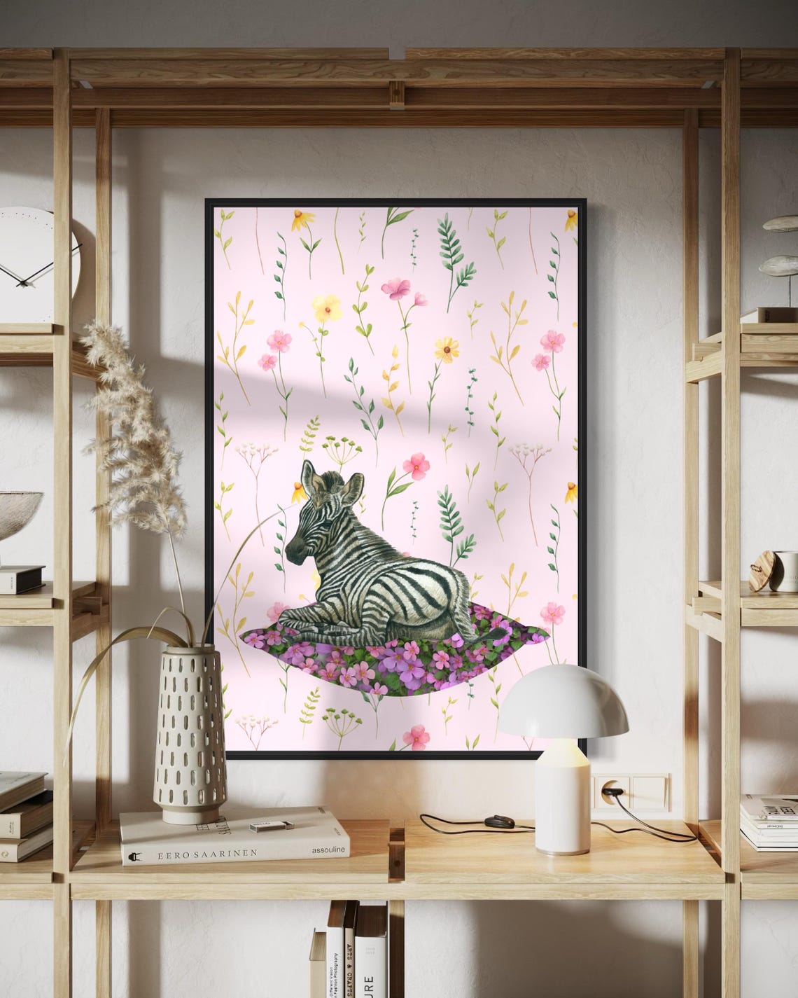 Baby Zebra Foal Resting on Pink Floral Bed Nursery Animal Poster - Image 2