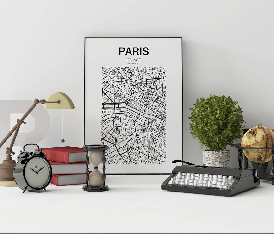 Paris France Boulevards Seine River Street Map Monochrome Poster - Image 3