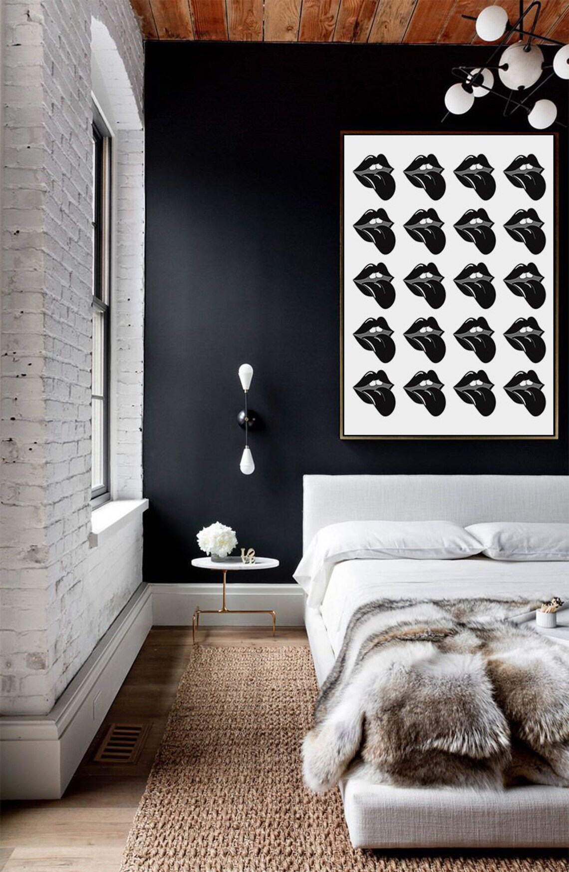 Black and White Rolling Lips Tongue Grid Pop Art Fashion Poster - Image 2