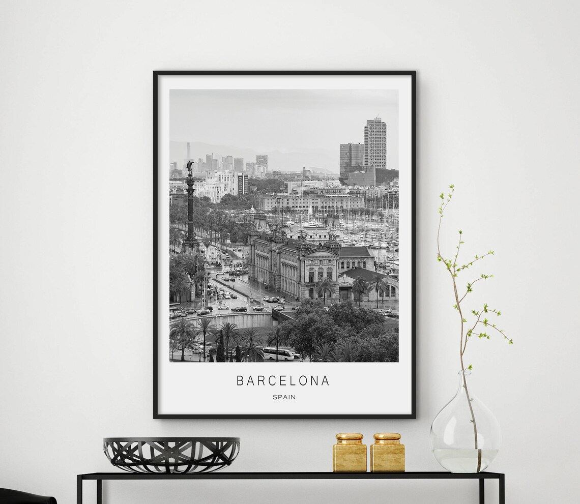 Barcelona Spain Harbor Classic Black and White Photo Travel Poster
