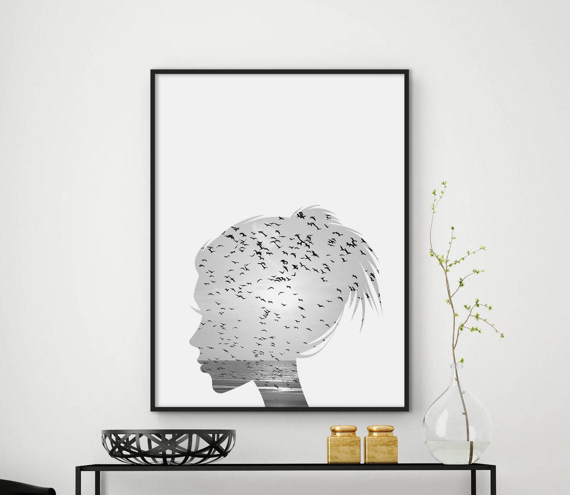 Woman Silhouette Flock of Birds Double Exposure Art Black White Poster