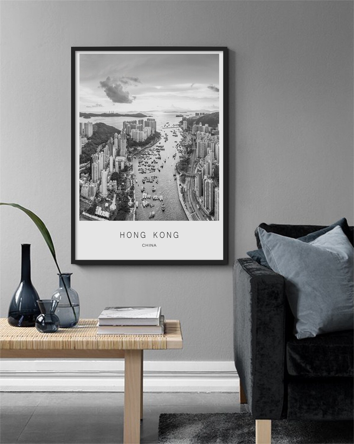 Hong Kong Aerial Harbor Boats Black White Skyline Photo Poster - Image 3