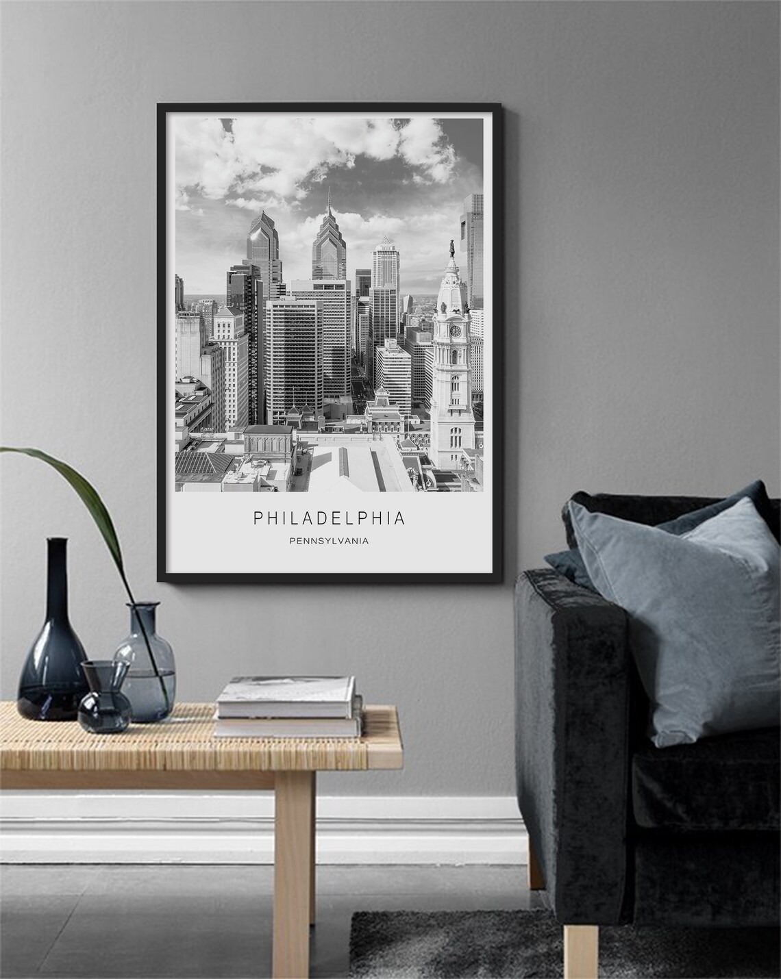 Philadelphia Pennsylvania Black And White Skyline City Poster - Image 3